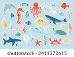 Сute sea life sticker set. Shark, dolphin, seahorse, turtle, starfish, sea urchin, whale, jellyfish, fish, octopus, crab. Cartoon vector illustration
