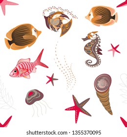 Sea life summer background. Fishes in brown, pink and white colors. Vector marine seamless pattern with cartoon colorful fishes.