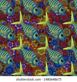 Sea life summer background. Fishes in green, blue and brown colors. Vector marine seamless pattern with cartoon colorful fishes.