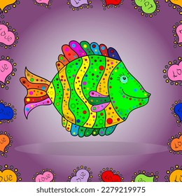 Sea life summer background. Fishes on neutral, purple and green colors. Marine seamless pattern with cartoon colorful fishes. Vector.