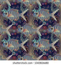 Sea life summer background. Vector marine seamless pattern with cartoon colorful fishes. Fishes in gray, blue and brown colors.