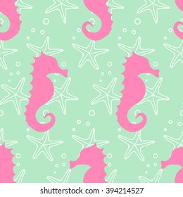 Sea life  summer background. Vector seamless pattern with seahorse and starfish. Cute sea life background. Baby shower vector Marine life illustration.