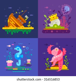 Sea life: a sunken ship, treasure at the bottom, octopus, fish, sea horse. Vector flat Illustrations