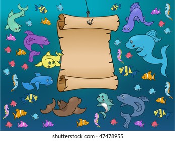 Sea Life surrounding parchment - vector illustration