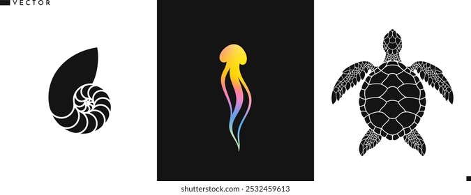 Sea life symbol. Abstract jellyfish nautilus shell and turtle. Bright ocean vector. Creative reef silhouette