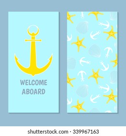 Sea life template design with seashells, starfish and anchors. Vector background can be used for banners, cards, invitations.