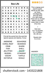 Sea life themed zigzag word search puzzle (suitable both for kids and adults). Answer included.