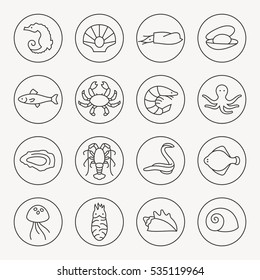 Sea life thin line icon set
