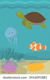 Sea life. Turtle, clownfish, jellyfish, shells, corals.Flat vector illustration. Elements suitable for animation. 