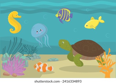 Vida marina. Tortuga, pez payaso, medusa, caballito de mar, cáscaras, corales. Ilustración vectorial plana. Elementos adecuados para la animación. 