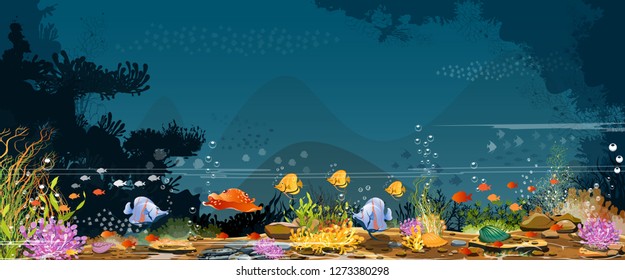 
Sea - Life under the ocean - Silhouette - Beautiful coral reef with fish And rocks in the blue sea For the design of Electonic card Nature illustrations - vector