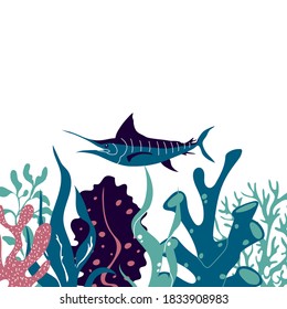 Sea Life with Underwater Algae and Fish Floating Vector Composition. Marine Flora and Fauna from Ocean Bottom