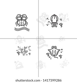 Sea life underwater aquatic wildlife lineal icon set EPS 10 vector, transparent background.