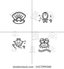 Sea life underwater aquatic wildlife lineal icon set EPS 10 vector, transparent background.