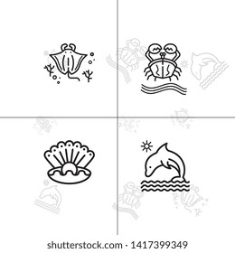 Sea life underwater aquatic wildlife lineal icon set EPS 10 vector, transparent background.