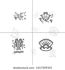 Sea life underwater aquatic wildlife lineal icon set EPS 10 vector, transparent background.