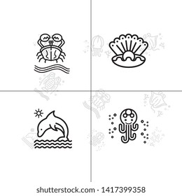 Sea life underwater aquatic wildlife lineal icon set EPS 10 vector, transparent background.