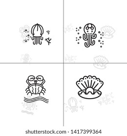 Sea life underwater aquatic wildlife lineal icon set EPS 10 vector, transparent background.