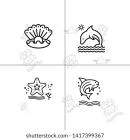 Sea life underwater aquatic wildlife lineal icon set EPS 10 vector, transparent background.