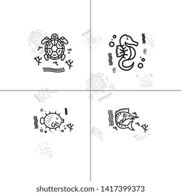 Sea life underwater aquatic wildlife lineal icon set EPS 10 vector, transparent background.