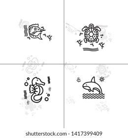 Sea life underwater aquatic wildlife lineal icon set EPS 10 vector, transparent background.
