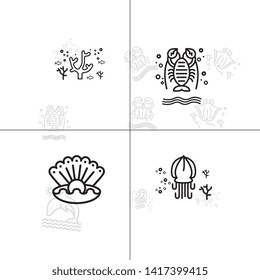 Sea life underwater aquatic wildlife lineal icon set EPS 10 vector, transparent background.