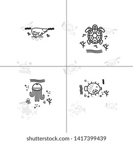 Sea life underwater aquatic wildlife lineal icon set EPS 10 vector, transparent background.