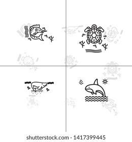 Sea life underwater aquatic wildlife lineal icon set EPS 10 vector, transparent background.