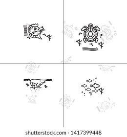 Sea life underwater aquatic wildlife lineal icon set EPS 10 vector, transparent background.