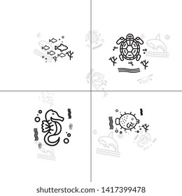 Sea life underwater aquatic wildlife lineal icon set EPS 10 vector, transparent background.