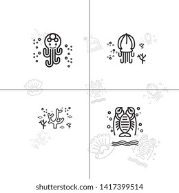 Sea life underwater aquatic wildlife lineal icon set EPS 10 vector, transparent background.