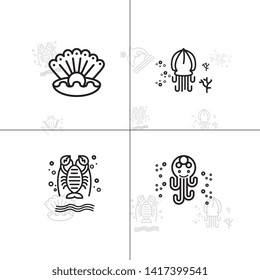 Sea life underwater aquatic wildlife lineal icon set EPS 10 vector, transparent background.