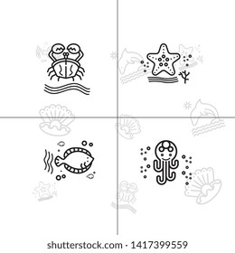 Sea life underwater aquatic wildlife lineal icon set EPS 10 vector, transparent background.