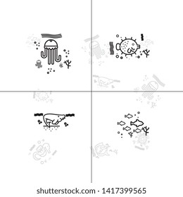 Sea life underwater aquatic wildlife lineal icon set EPS 10 vector, transparent background.