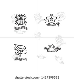 Sea life underwater aquatic wildlife lineal icon set EPS 10 vector, transparent background.