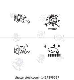 Sea life underwater aquatic wildlife lineal icon set EPS 10 vector, transparent background.