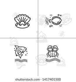 Sea life underwater aquatic wildlife lineal icon set EPS 10 vector, transparent background.