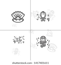 Sea life underwater aquatic wildlife lineal icon set EPS 10 vector, transparent background.