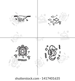 Sea life underwater aquatic wildlife lineal icon set EPS 10 vector, transparent background.