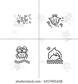 Sea life underwater aquatic wildlife lineal icon set EPS 10 vector, transparent background.