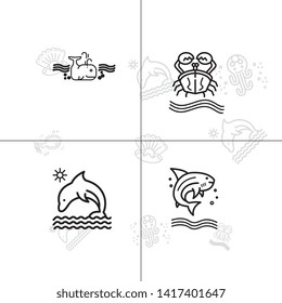 Sea life underwater aquatic wildlife lineal icon set EPS 10 vector, transparent background.