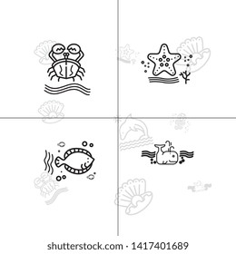 Sea life underwater aquatic wildlife lineal icon set EPS 10 vector, transparent background.