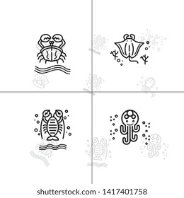 Sea life underwater aquatic wildlife lineal icon set EPS 10 vector, transparent background.