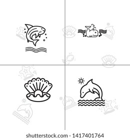 Sea life underwater aquatic wildlife lineal icon set EPS 10 vector, transparent background.
