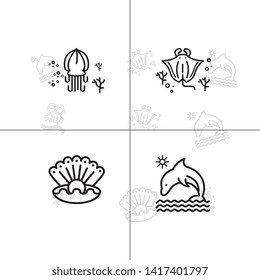 Sea life underwater aquatic wildlife lineal icon set EPS 10 vector, transparent background.