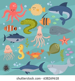 Sea life underwater cartoon animals cute marine characters fish aquarium tropical aquatic vector illustration.