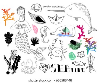 Sea life. Underwater creatures and sea elements. Graphic vector set. All elements are isolated