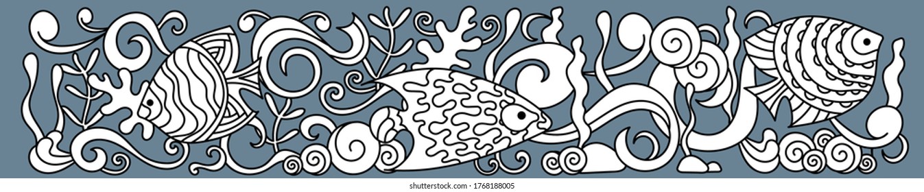 Sea life, underwater hand drawn doodle banner. Waves, shells, fish and algae . Monochrome vector background