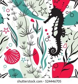 Sea life underwater modern design vector seamless pattern. Coral reef with seahorse, plant, seashell and starfish, cute colors and enjoyable mood.