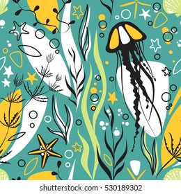 Sea life underwater modern design vector seamless pattern. Coral reef with jellyfish, plant, seashell and starfish, cute colors and happy mood.